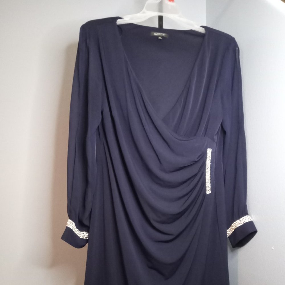 SIZE 16 - GLAMOUR DARK BLUE DRESS LONG SLEEVE JEWELED LINE DESIGN / USED